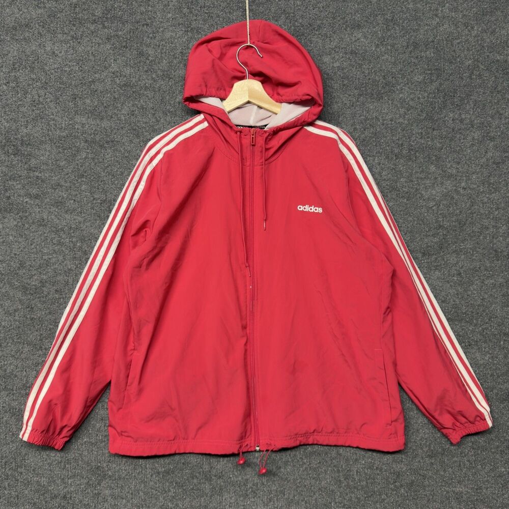 Adidas AEROREADY Windbreaker Jacket Womens XL Pink Hooded 3 Stripe Sport Track